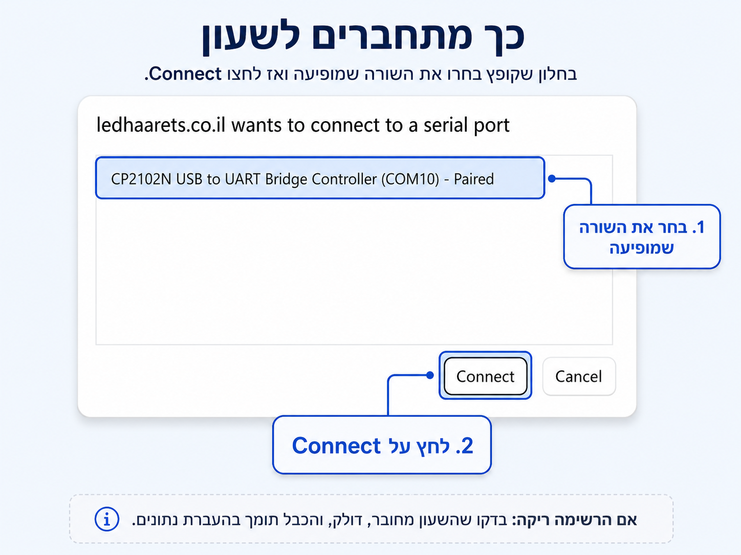 הסבר מצולם: בחרו את שורת CP2102 ואז לחצו Connect